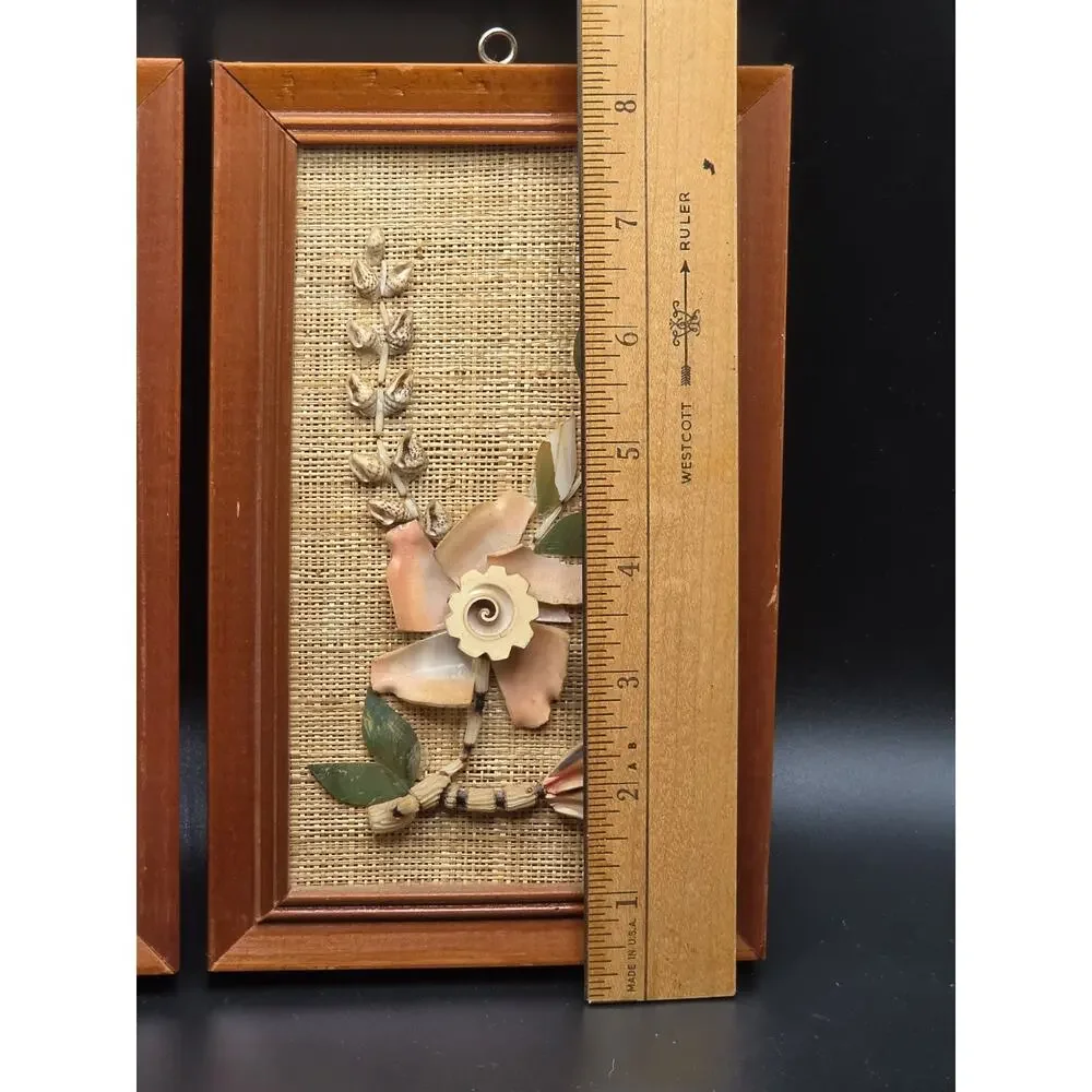 Vintage Mid Century 3D Seashell Flower Art Framed Picture Set MCM Coastal Decor